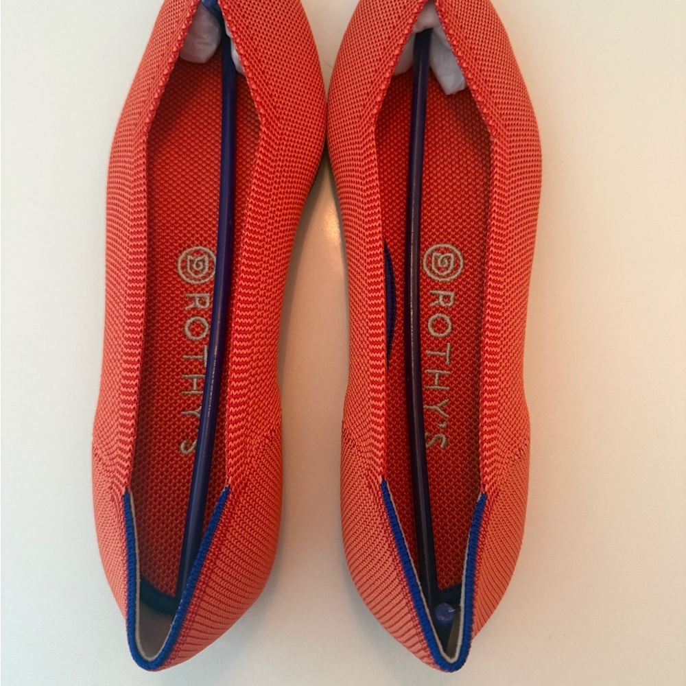 Rothy's Coral-Red Pointed Knit Flats with Blue Trim